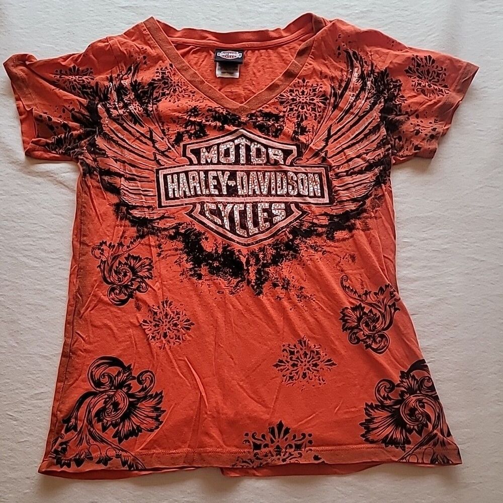 Harley Davidson Apol's MN Wings Floral Rhinestones V-Neck T Shirt Womens Large